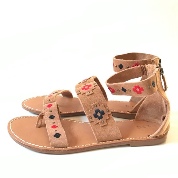 NEW Soludos Flat Sandals Womens 11 Natural Tan Suede Red Embroidered Zipper NWOB - Picture 8 of 12
